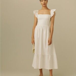 Reformation White Square-Neck Ruffle Midi Lucila Dress